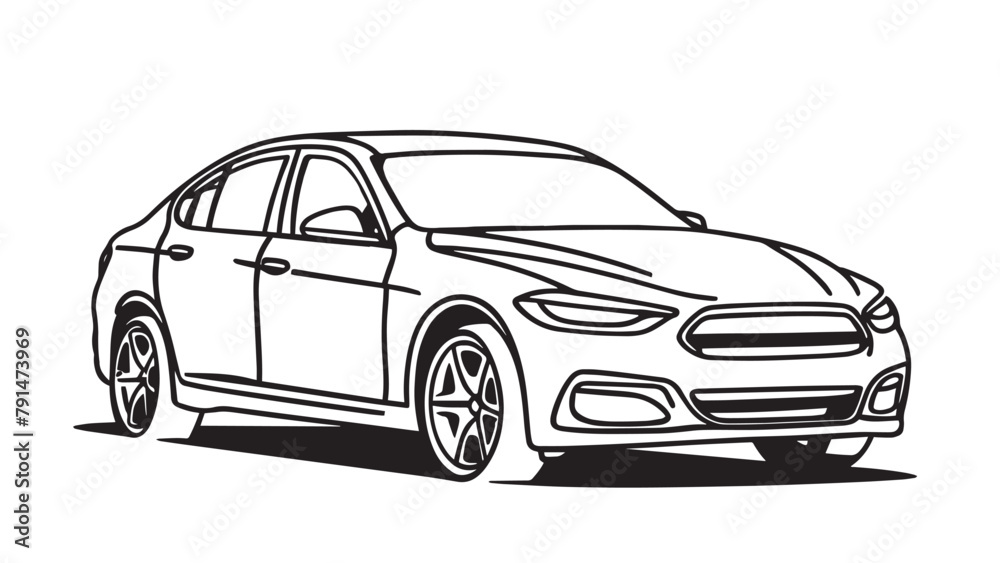 Car line art drawing illustration for book coloring page, Vehicle outline sketch illustration isolated on white background