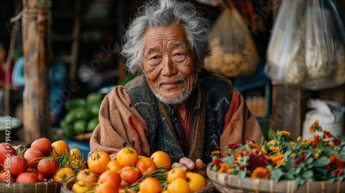 Elderly Bhutanese man sharing the history of Bhutanese red rice with travelers. photo