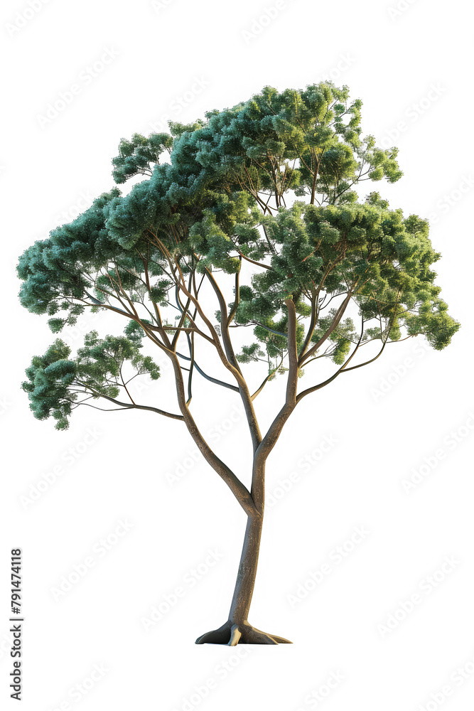 A large tree with green leaves stands alone on a white background