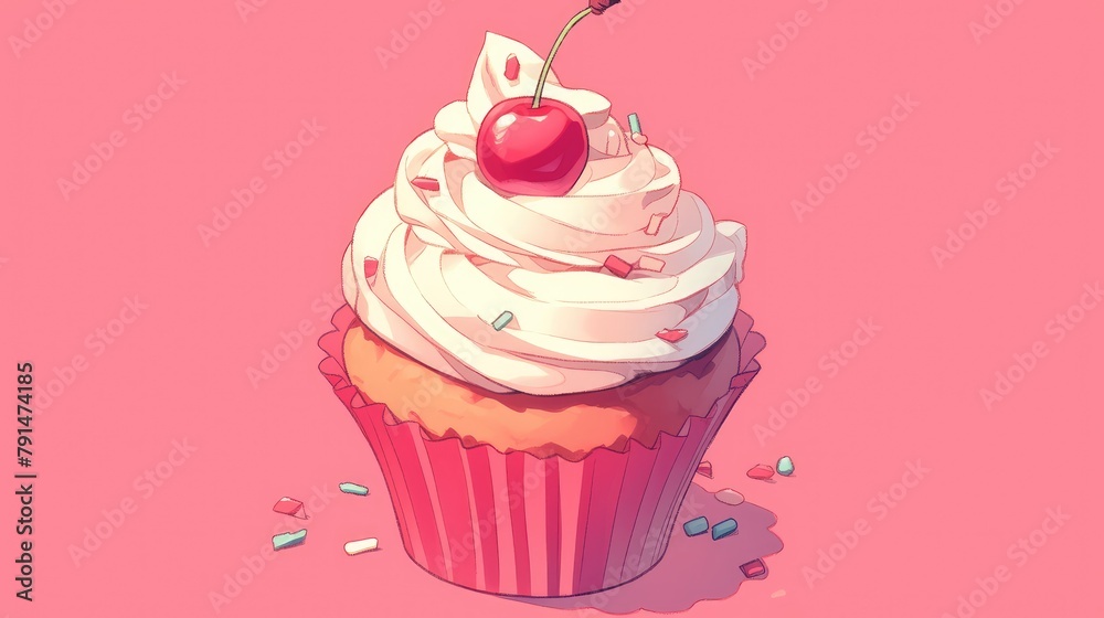 A delightful cartoon rendering of a cupcake topped with a juicy cherry a sweet treat personified A delightful cartoon rendering of a cupcake topped with a juicy cherry a sweet treat personified