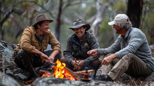 Australian guide teaching visitors how to cook bush tucker over an open fire. photo