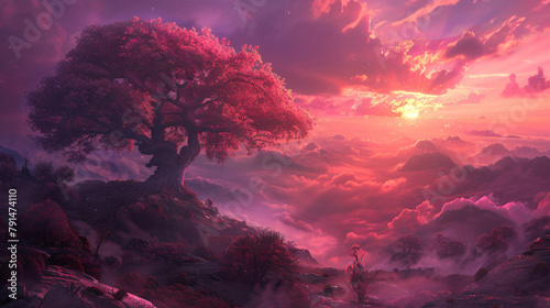 Fantasy landscape with magic tree shrouded 