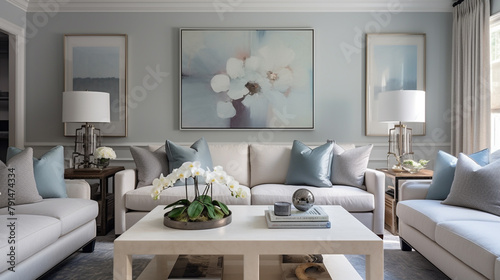 Tranquil hues and subtle accents create a soothing atmosphere in a well-appointed living room. © NUSRAT ART