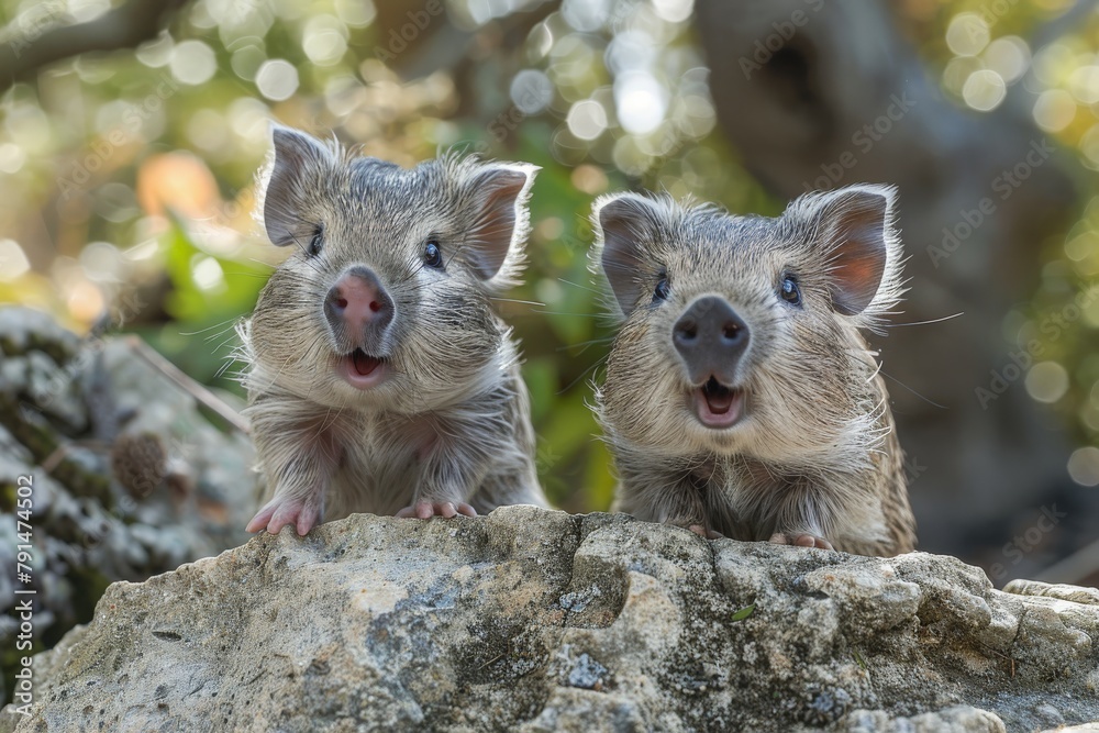 Close-up of two endearing baby wild boars peeking over a rock Close-up of two endearing baby wild boars peeking over a rock
