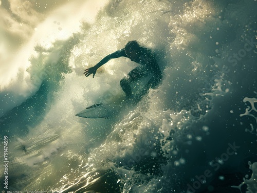 Emerald Wave Rider,A surfer deftly navigates the crest of a towering emerald wave, encapsulated in the raw power and beauty of the ocean's embrace. © Yuparet