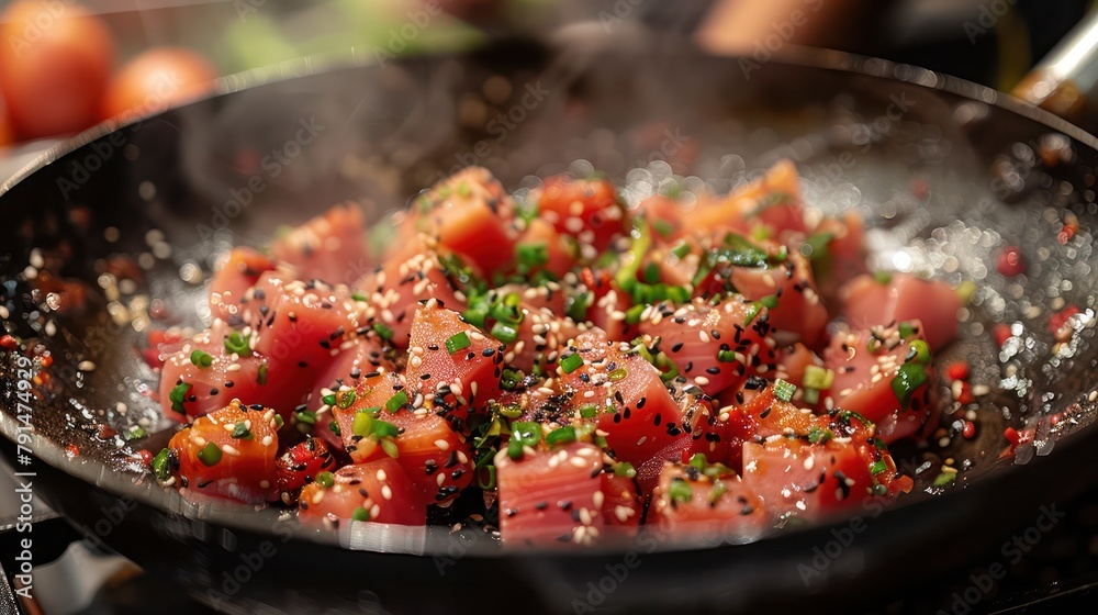 Close-up of Samoan Poke being prepared with fresh tuna. Close-up of Samoan Poke being prepared with fresh tuna.