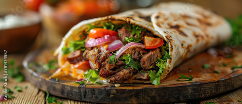 A delicious doner donair kebab wrap with spicy meat, lettuce, tomato, red onion and sauce, food restaurant advertising