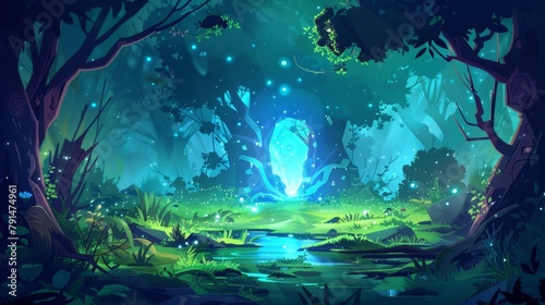 Modern cartoon fantasy illustration of deep wood landscape with tree trunks, swamps, and mystic gates with blue glow. Dark night forest with magic portal to alien world.