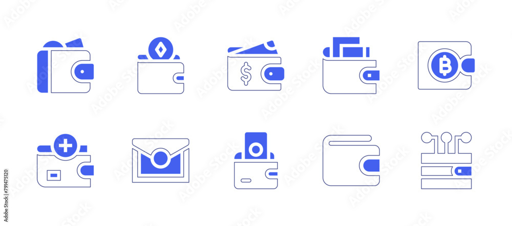 Wallet icon set. Duotone style line stroke and bold. Vector illustration. Containing wallet, top up, digital wallet.