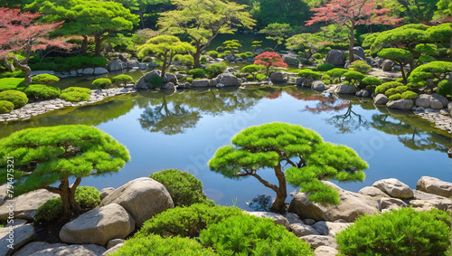 池のある新緑の日本庭園 photo