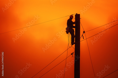 “Silhouette of a Lineman at Sunset”  A lineman works atop a utility pole against a vivid orange sunset sky.