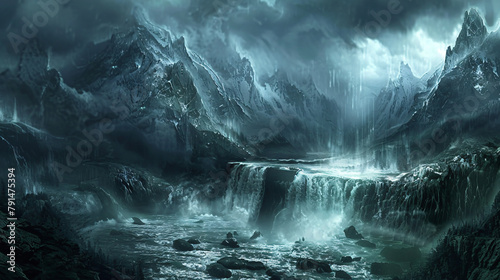 Fantasy landscape with water spills and mountains 