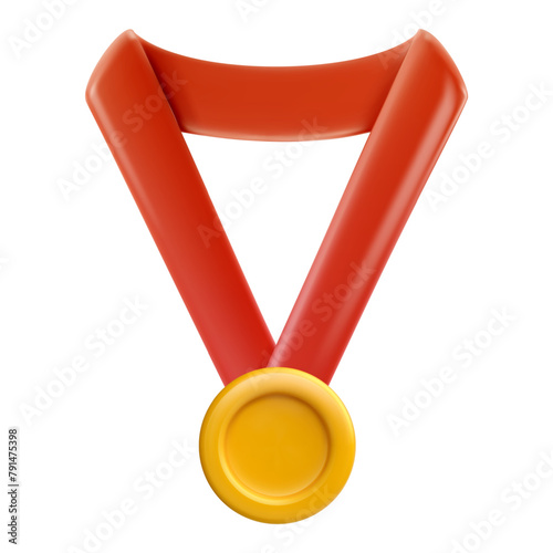 Adobe IllustraGold medal with red ribbon isolated on white background. Cartoon winner symbol in realistic cute 3d style. Vector illustration.tor Artwork