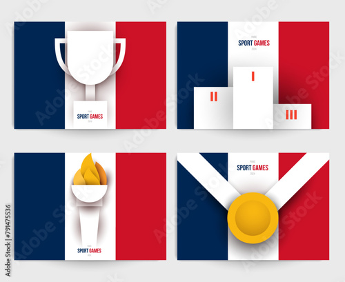 Creative concept templates for branding background banner, poster, card, cover. Set france action sport games in modern paper cut style. Minimalistic design elements. Vector illustration.