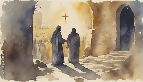 Watercolor painting of The Last Days of Christ's Life at Jerusalem.