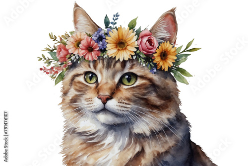 watercolor kitty with flowers on head on transparent background  perfect for cards and greetings