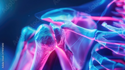 A diagnostic X-ray capturing the internal anatomy of the shoulder joint, showcasing the complex articulation of bones and the network of muscles and ligaments that enable a wide range of motion.