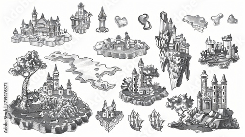 Fantasy map elements illustration drawing engraving 