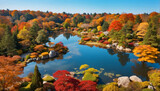 池のある紅葉の日本庭園