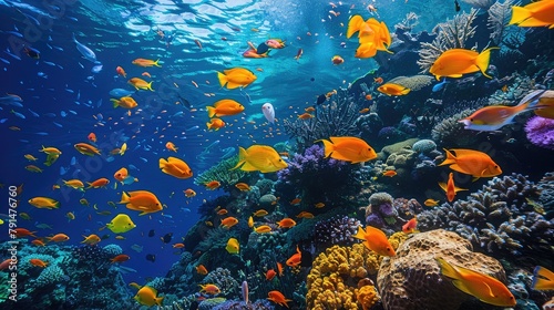 vibrant school of tropical fish swimming among coral reefs, showcasing nature's underwater beauty
