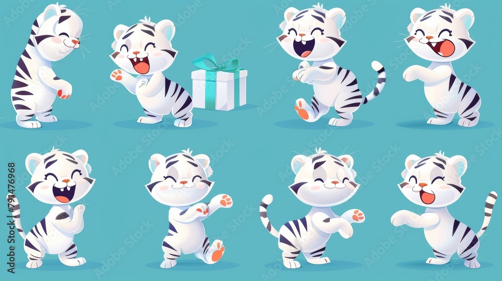 Cartoon white tiger cub character, holding a gift, holding a banner, smiling, sad, playing and dancing. Isolated modern set of funny black striped kittens with black skin.