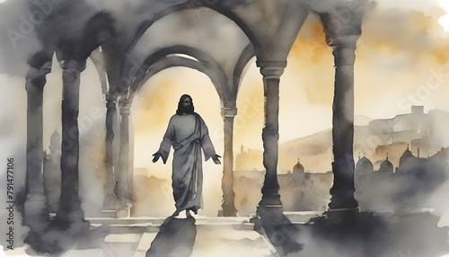 Watercolor painting of The Last Days of Christ's Life at Jerusalem. photo