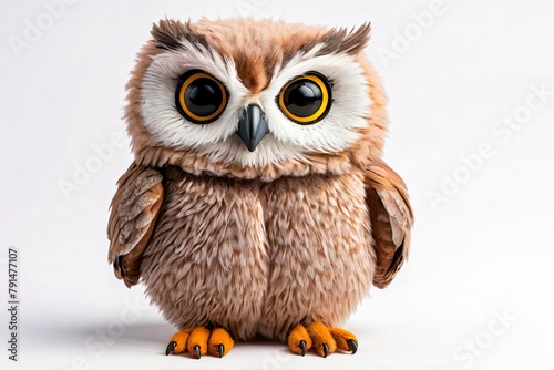 Adorable Owl stuffed toy standing on two legs, Big eyes animal, isolated on white background