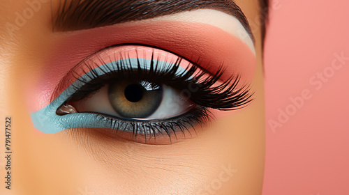 Closeup view of brown female eyes with evening makeup. Colorful pink and blue smokey eyes.