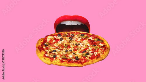 Female mouth with red lipstick eating pizza on pink background. Contemporary art collage. Fast food, delivery services, restaurant menu. Concept of surrealism, pop art, creativity, imagination. photo