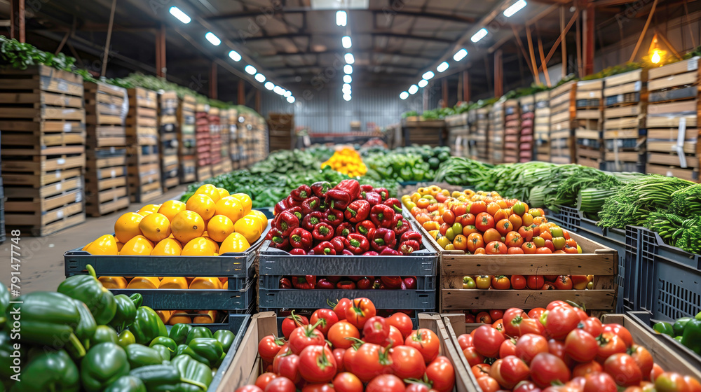 Warehouse of fresh vegetables. Tomatoes and bell peppers in box. Farmer vegetable warehouse inside hangar. Warehouse of fresh vegetables. Tomatoes and bell peppers in box. Farmer vegetable warehouse inside hangar.