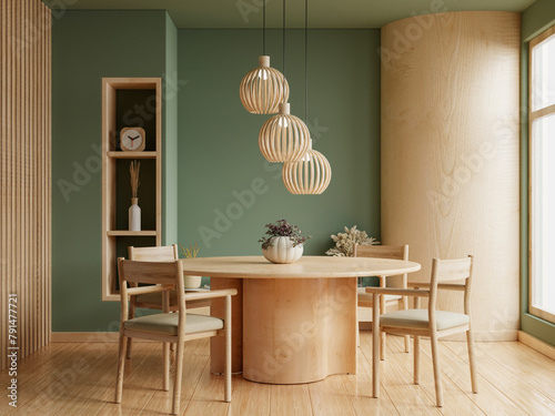 Modern kitchen and dining room on empty green wall background- 3D rendering