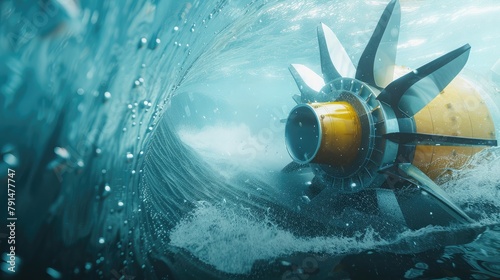 dynamic shot of a tidal energy turbine in action, harnessing the power of ocean currents to generate clean and renewable electricity.