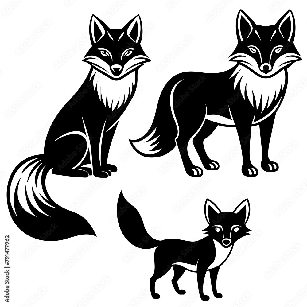 Set of minimalistic fox’s vector silhouette on white background