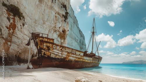 Boat stranded beach cliff blue water