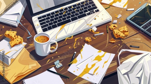 An untidy accountant's desk with a laptop, papers, and dirty cups. Contemporary modern illustration of messy desk with a laptop, papers, and dirty cups. The desk is arranged around a computer with