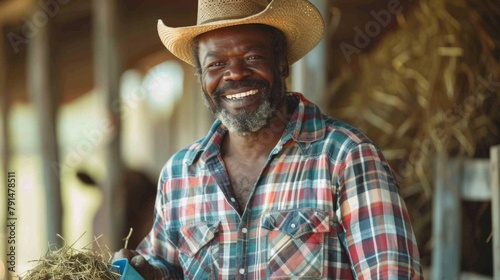 A Joyful Farmer Holding Hay photo
