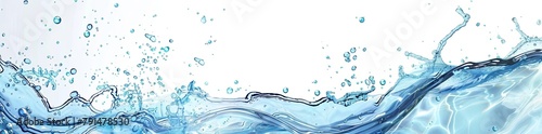 Water wave splash abstract background with blue liquid, bubbles and free space on white backdrop