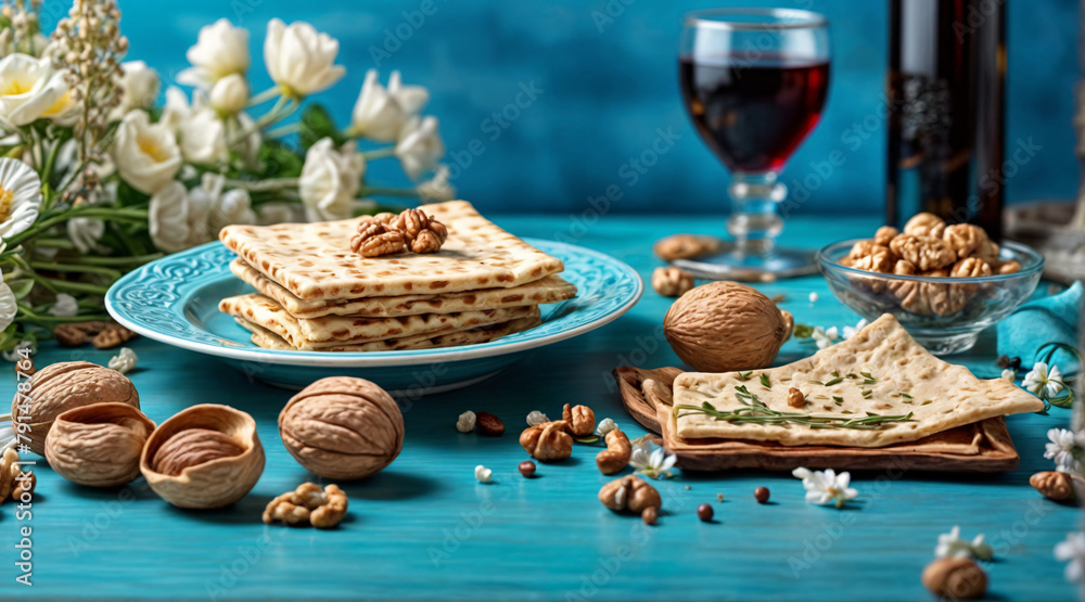 Passover Pesach jewish holiday with Matzah walnuts flowers 9