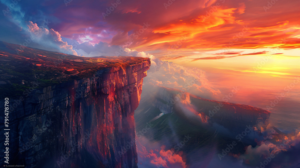 Fantasy mountain at sunset artistic illustration of cl