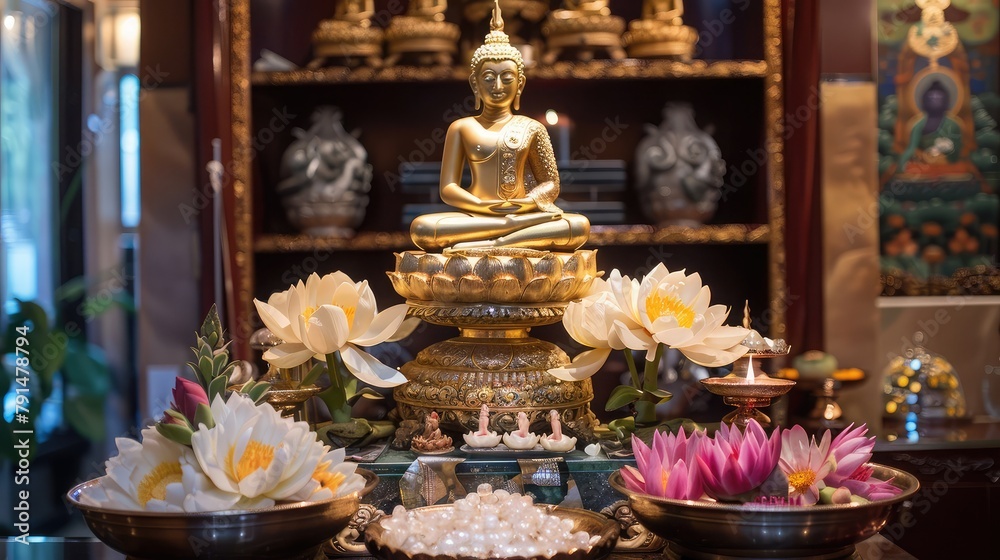 ornate altar adorned with a golden Buddha statue and freshly picked lotus flowers, evoking tranquility, reverence, and the cycle of life.