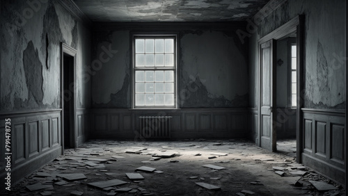 Image of an abandoned room with cracked walls  scattered debris and dust  light enters through the window  illuminating the gloomy space and emphasizing the atmosphere of oblivion and decay