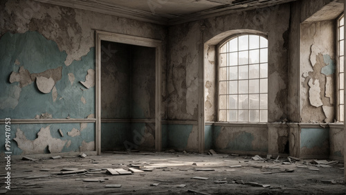 The photograph shows an abandoned room with peeling paint, rubble scattered on the floor and light coming through the window, an atmosphere of oblivion and decay as if time had stopped here