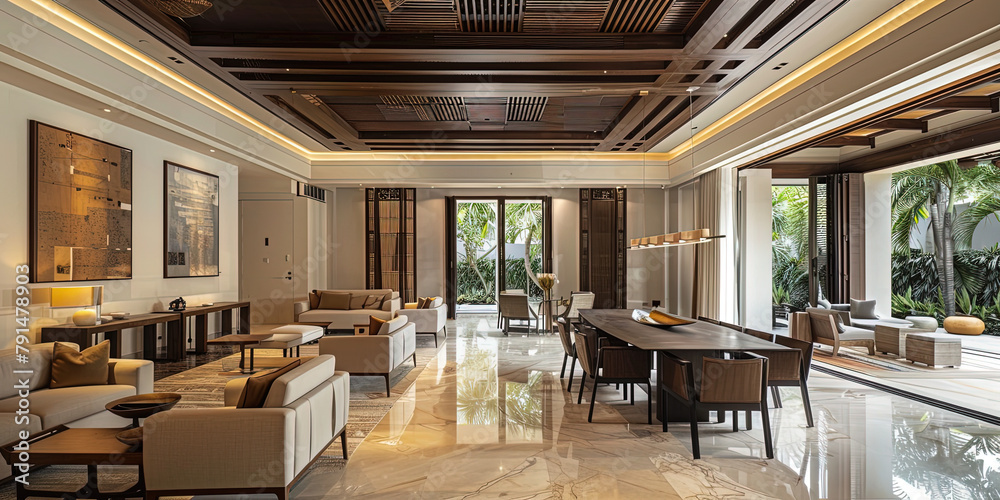 Elegant Villa Living Room with Neutral Tones and Light Wood Accents
