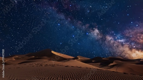 An ideal spot for stargazing enthusiasts as the clear desert sky offers an unobstructed view of the countless stars above with the backdrop of towering sand dunes. 2d flat cartoon.