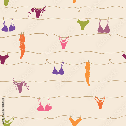 Cute seamless pattern with underwear hanging on a string. Swimsuit, bikini, panties, bra in summer day. Summer time vacation and travel aesthetic. Groovy and fun vector tropical background