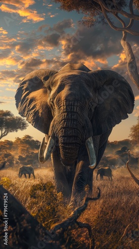 A breathtaking image of an enormous elephant in its natural habitat, outlined against an African sunset photo