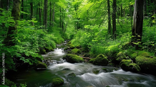 serene forest scene with lush green trees and a flowing stream, promoting the preservation of natural habitats