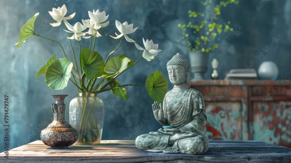 serene meditation space with a Buddha statue and a vase of fresh lotus blossoms, inviting contemplation, mindfulness, and connection to the divine. serene meditation space with a Buddha statue and a vase of fresh lotus blossoms, inviting contemplation, mindfulness, and connection to the divine.