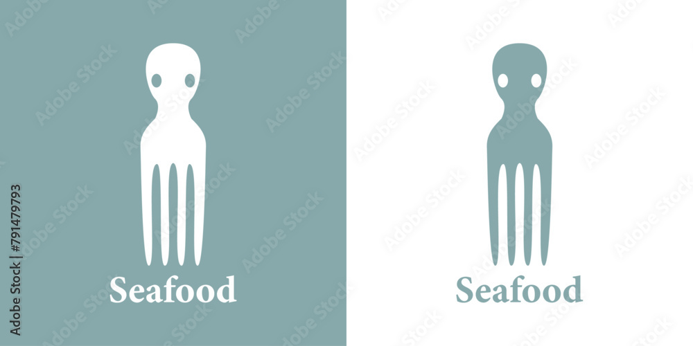 Logo restaurante de mariscos. Palabra Seafood con combinación de silueta de tenedor y tentáculos de pulpo o calamar