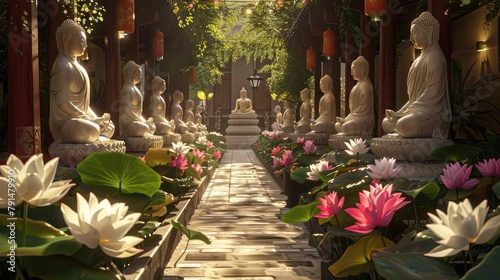 serene temple courtyard with rows of Buddha statues and blooming lotus flowers, offering a sanctuary for prayer, meditation, and spiritual reflection.